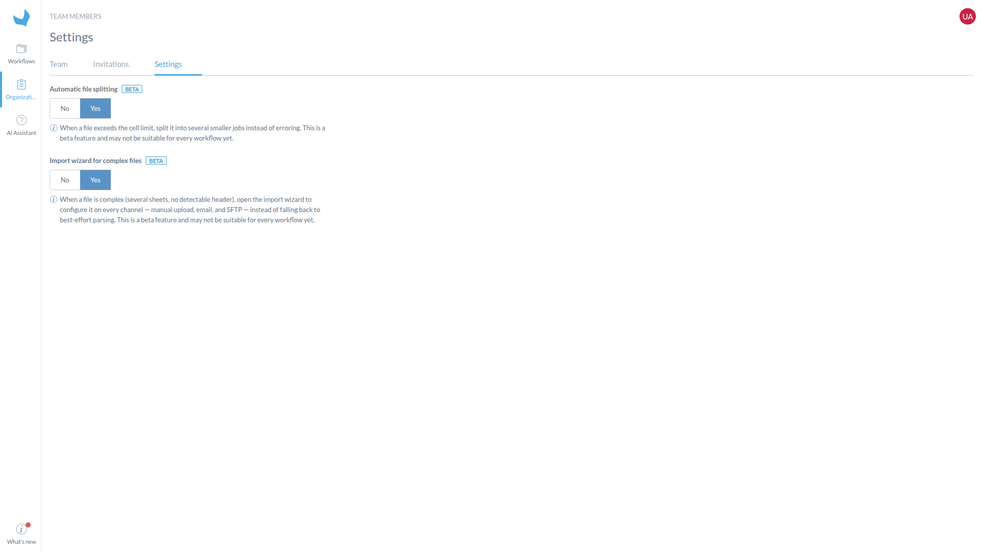 Automatic file splitting enabled in the organization settings