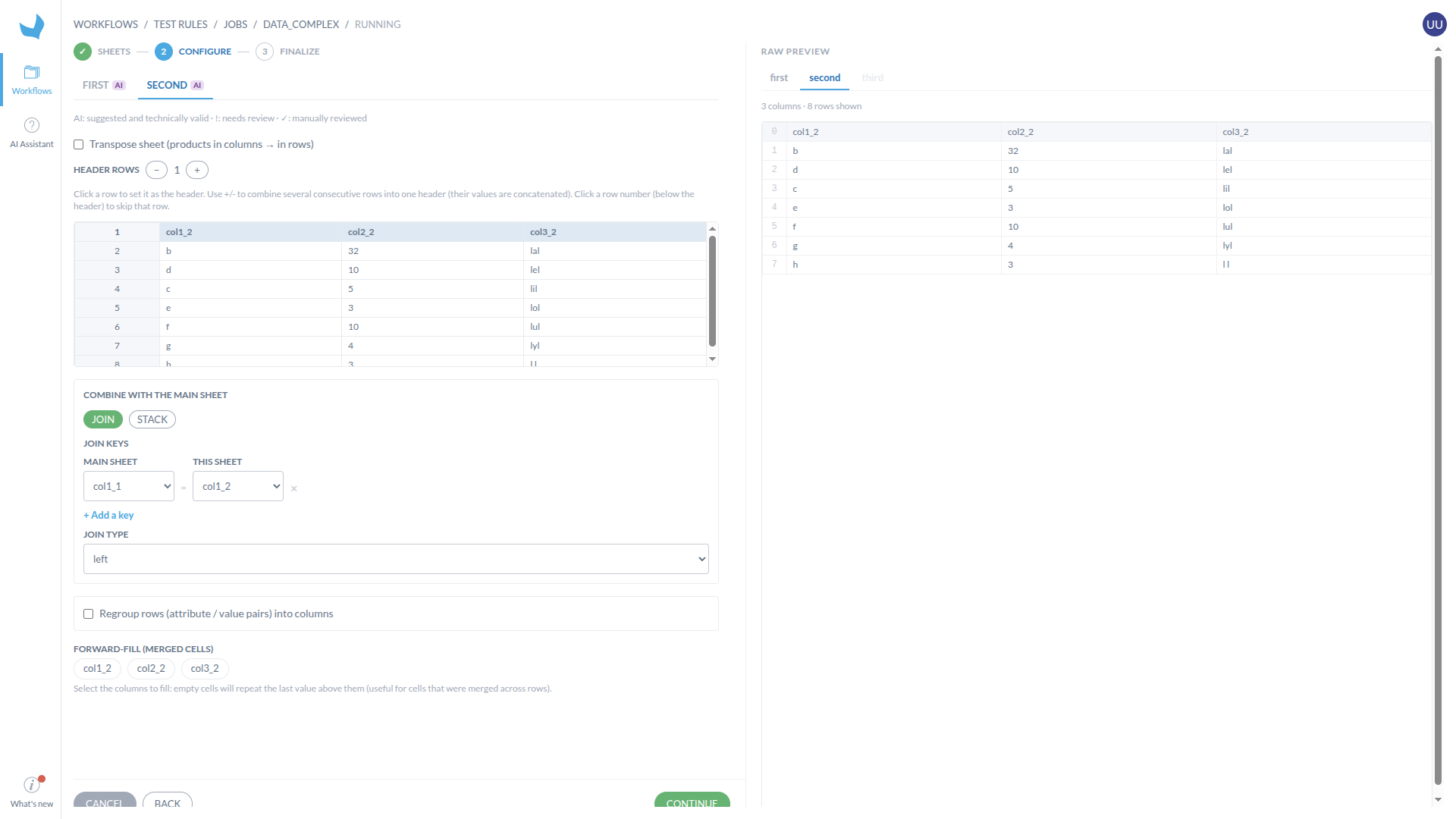 File Format wizard showing an AI-suggested join between two sheets