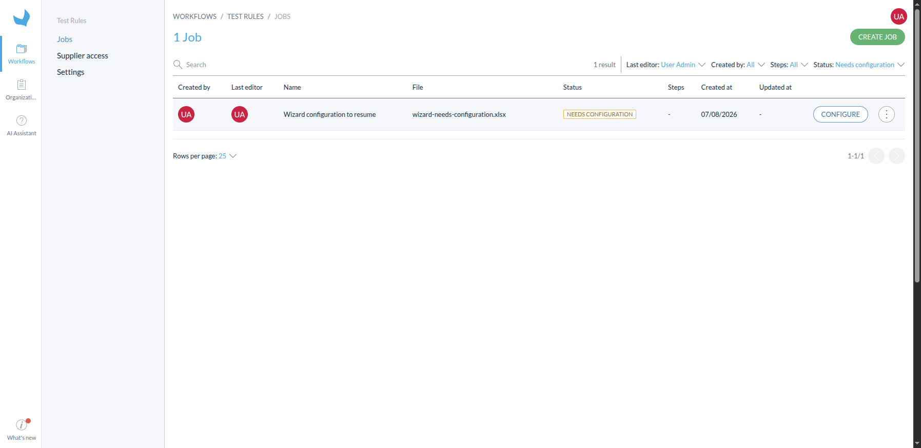 Jobs list filtered to a file with the Needs configuration status and Configure action