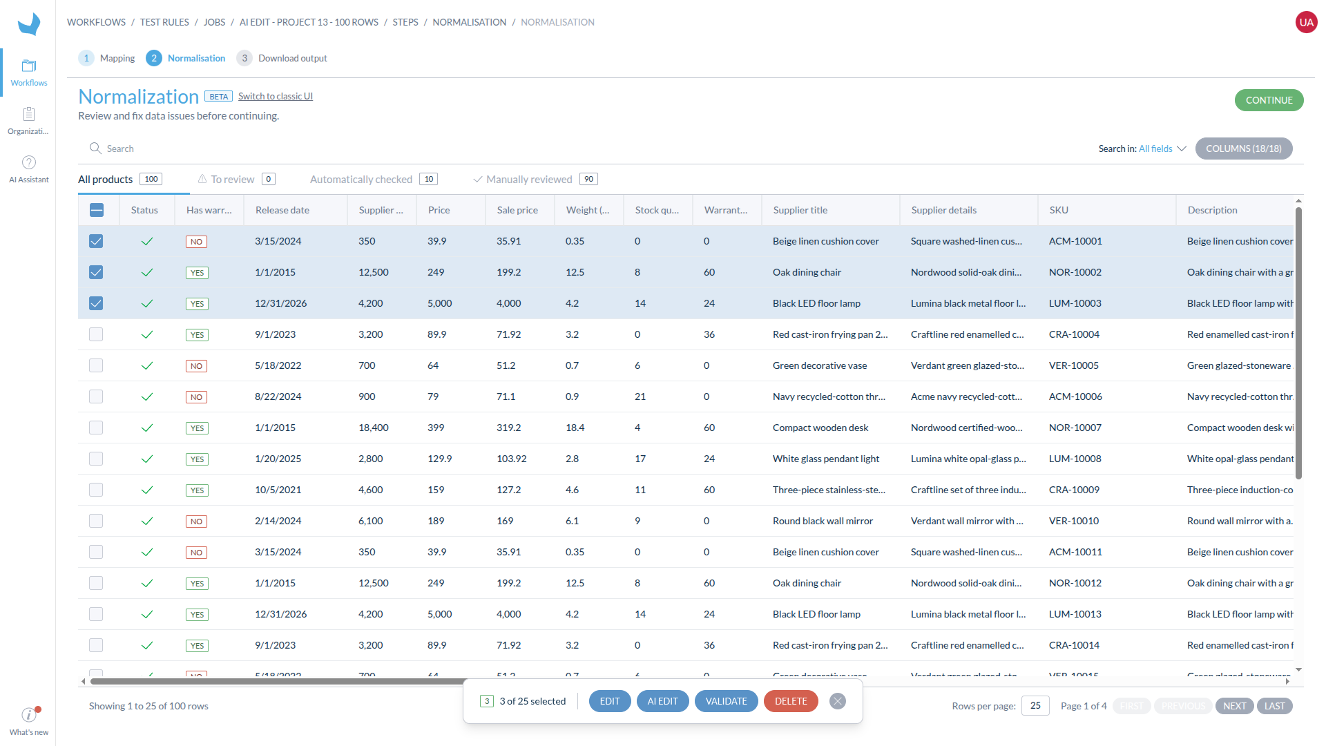 Three selected product rows and the AI Edit action in the Normalization module