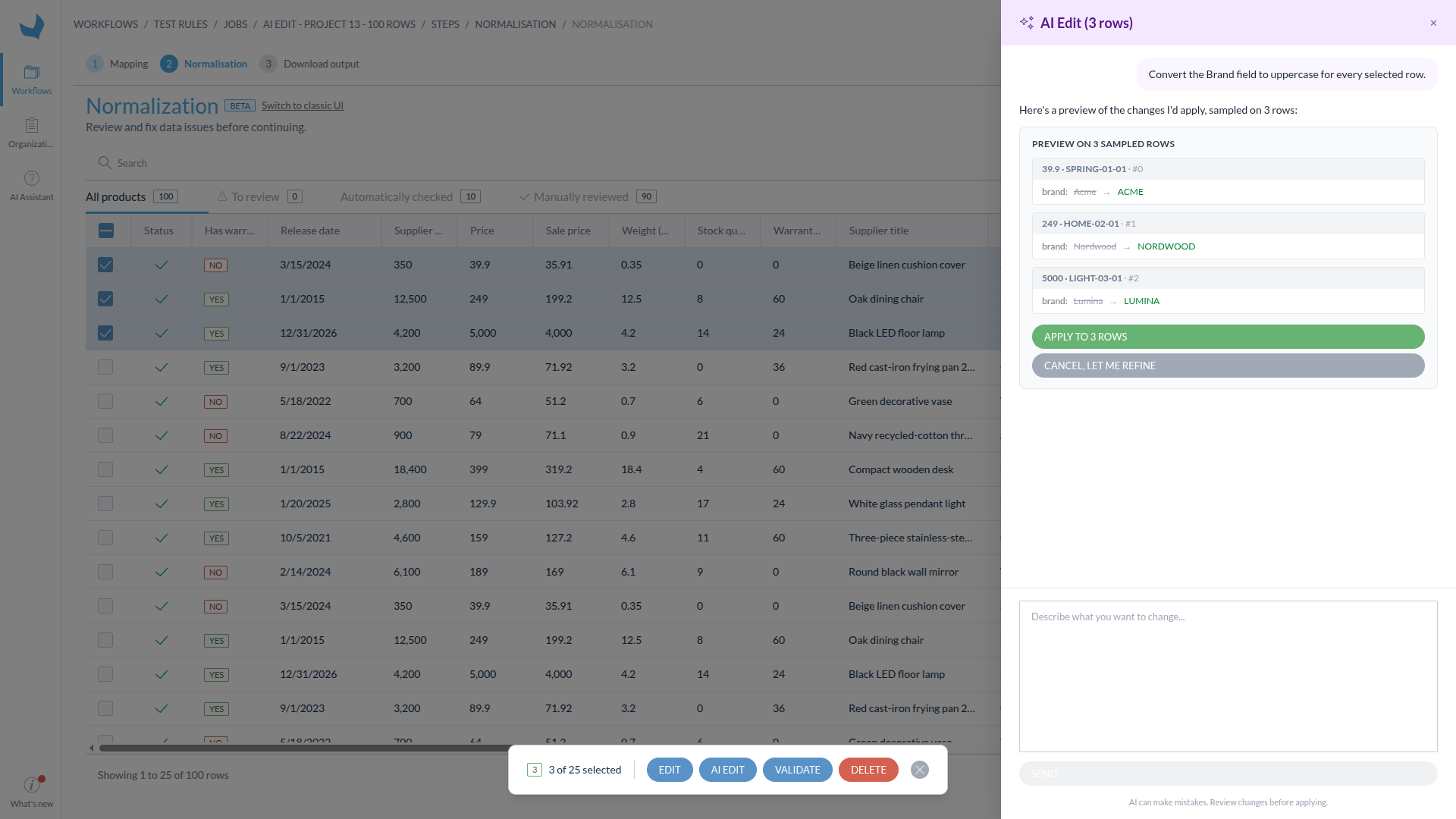 AI Edit panel showing sampled before-and-after Brand values